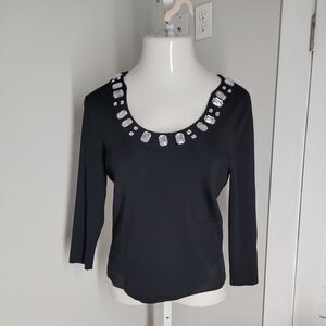 Cable & Gauge Rib Knit Beaded Blouse Shirt ~ Sz M ~ Black ~ Long Sleeve